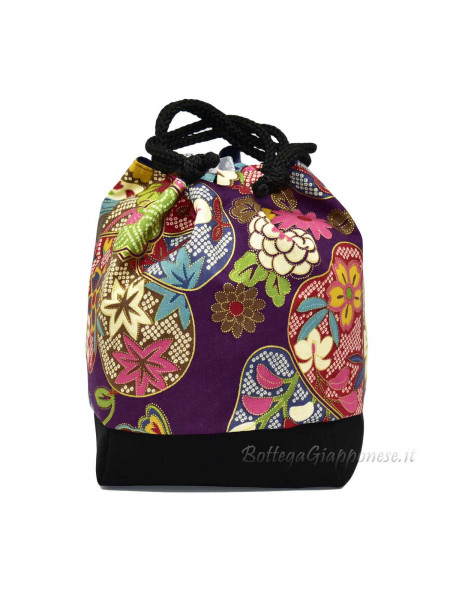 Kinchaku handbag with flowers and dots