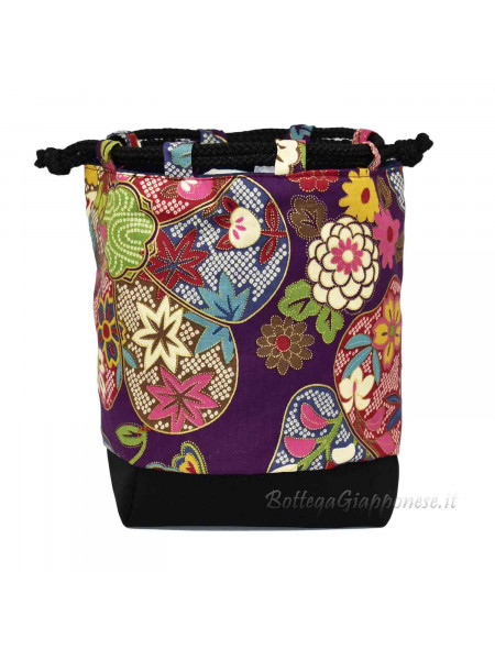 Kinchaku handbag with flowers and dots
