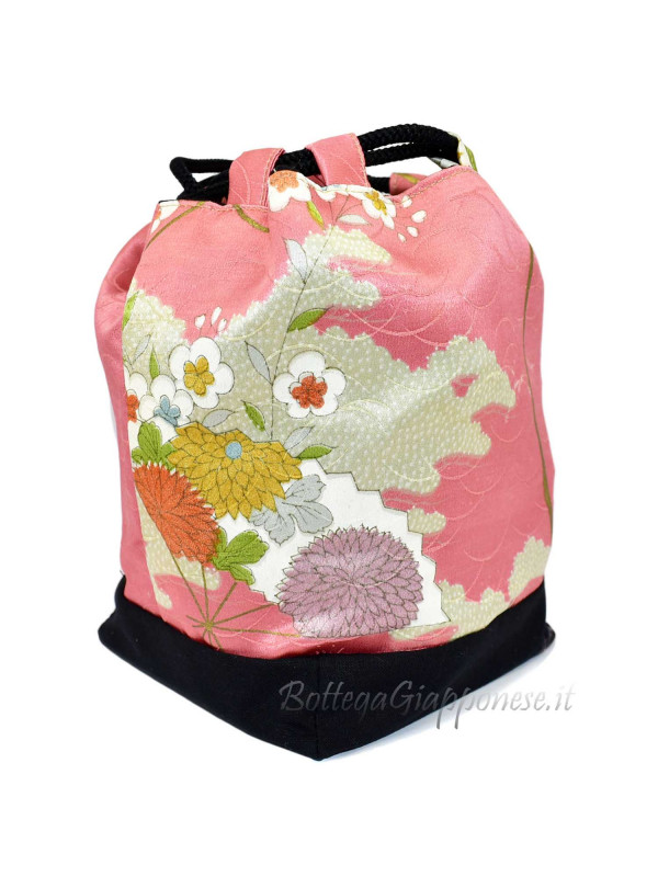 Kinchaku handbag Pink damask silk