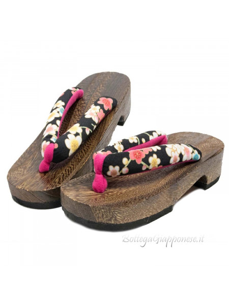 Geta Black thong sandals with plum blossoms (size L)
