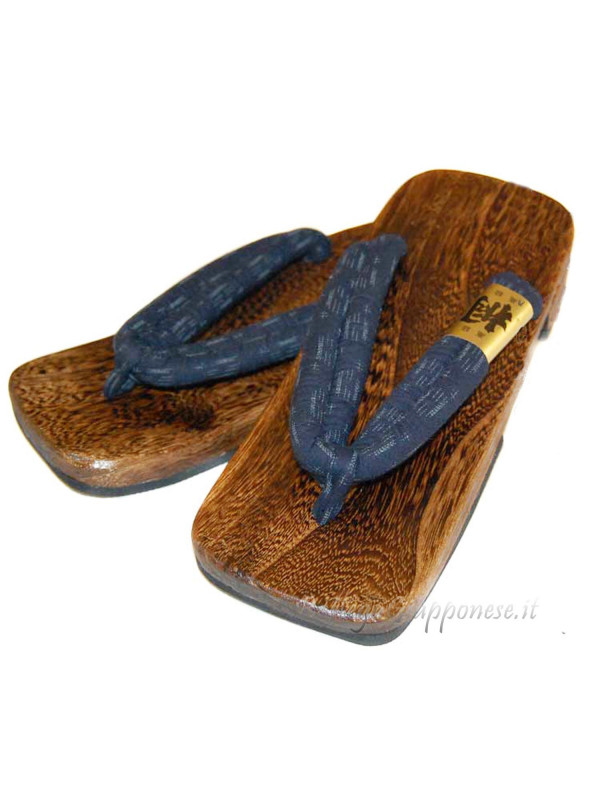 Blue flip-flop wooden geta with striped features