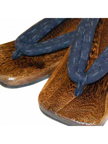 Blue flip-flop wooden geta with striped features