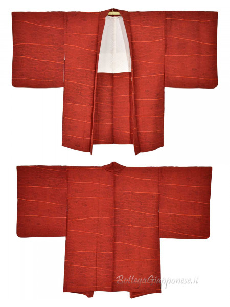 Haori red silk kimono jacket with lines