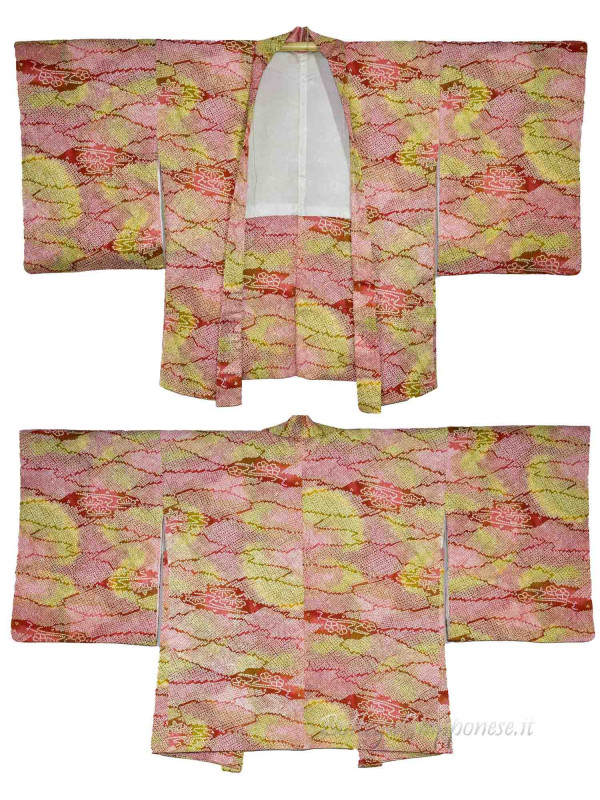 Haori giacca kimono seta shibori toni rossi e verdi