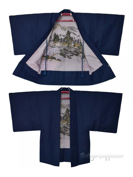 Haori giacca kimono uomo seta blu paesaggio