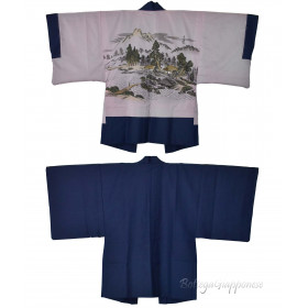 Haori giacca kimono uomo seta blu paesaggio