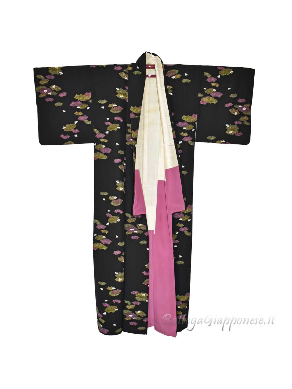 Komon kimono seta nero forme ventagli