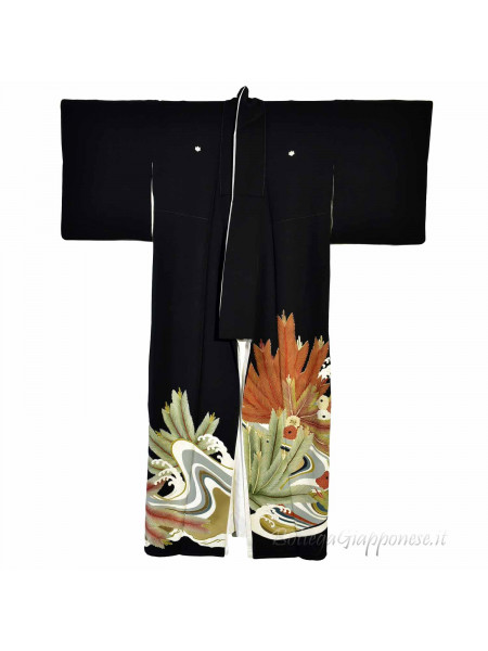 Kurotomesode silk kimono pine leaves