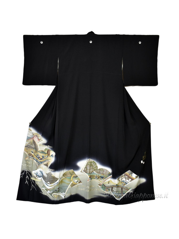 Kurotomesode ukiyo-e silk kimono