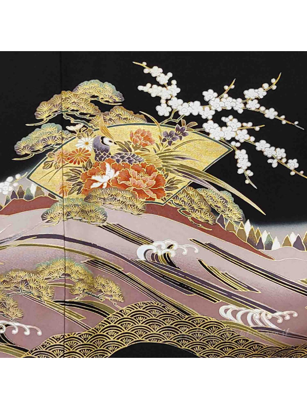 Kurotomesode silk kimono nature panorama