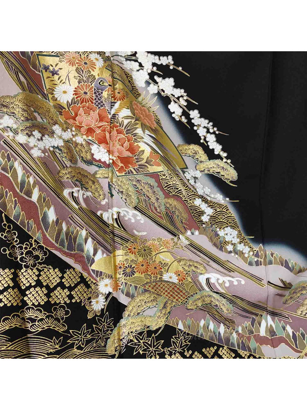 Kurotomesode silk kimono nature panorama