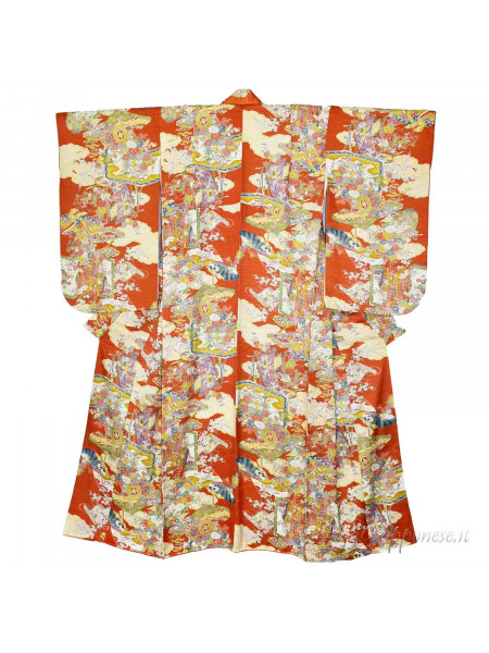 Komon kimono rosso manica larga