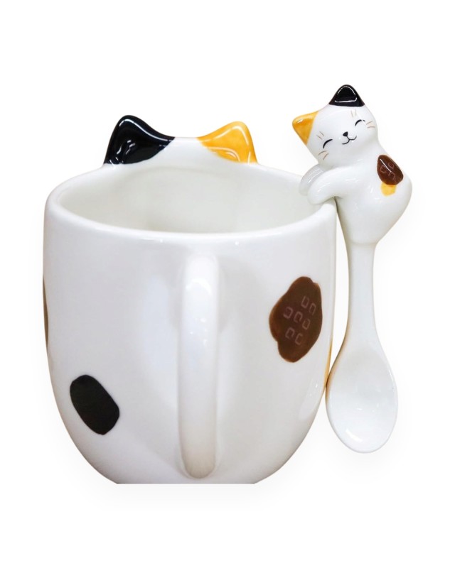 Tazza + cucchiaio Design Gatto Calico in ceramica