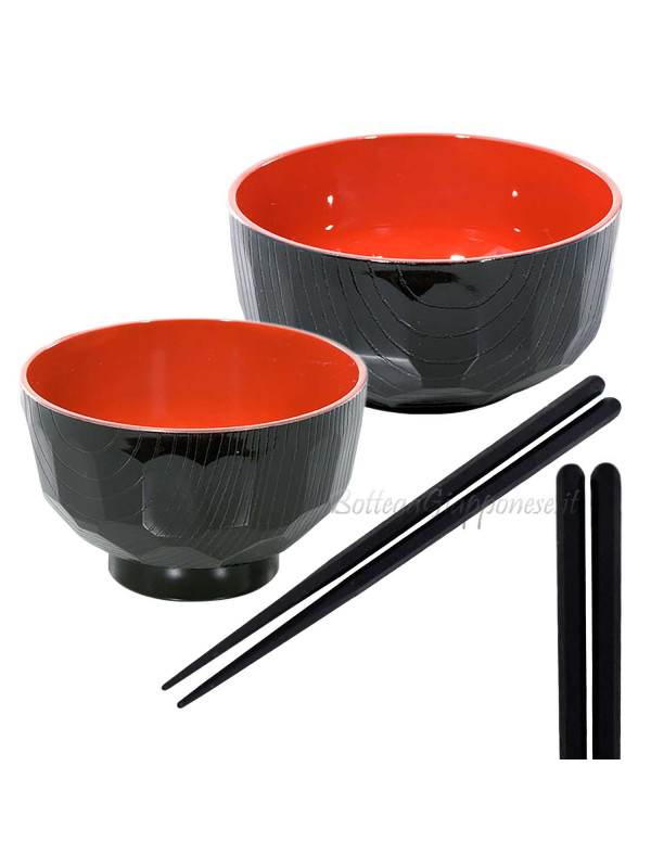 Bowls and chopsticks in wood effect shell set