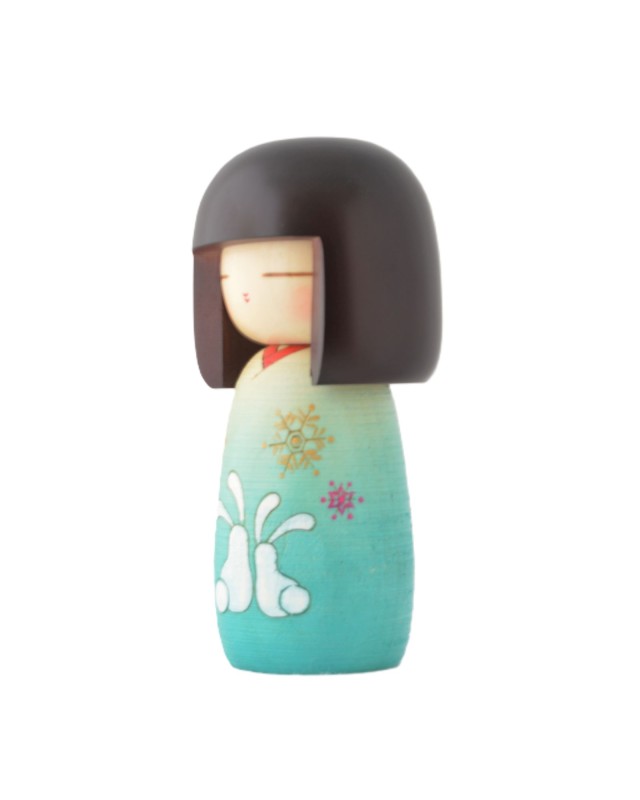 Kokeshi "Yuki Usagi" (Conigli della Neve)-(Celeste)