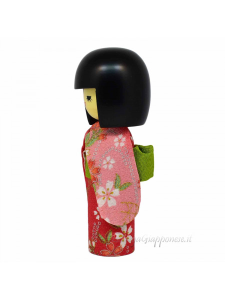 Kokeshi smile doll with pink/red furisode