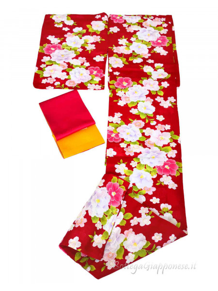Yukata rosso disegno fiore [Botan]