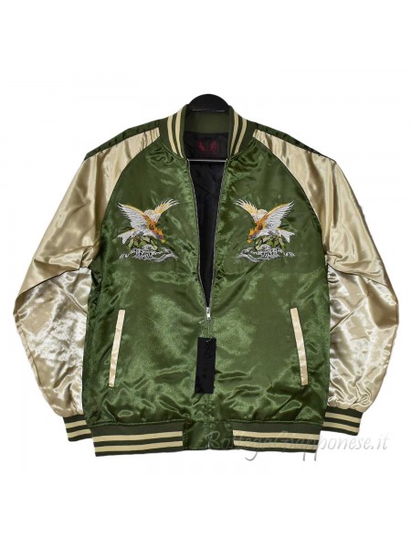 Green bomber jacket with falcon embroidery