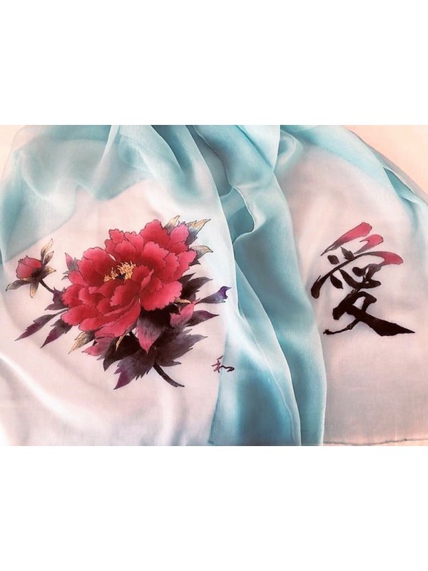 Silk scarf with peony motif and love character Hand painted 
