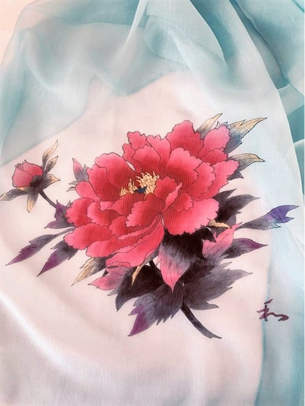 Silk scarf with peony motif and love character Hand painted 