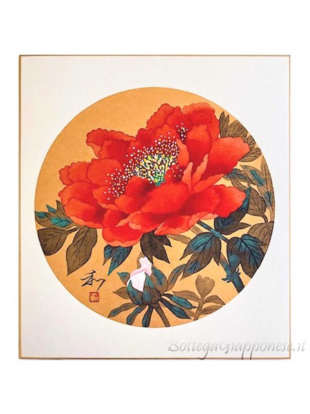 Shikishi con fiore di peonia rossa