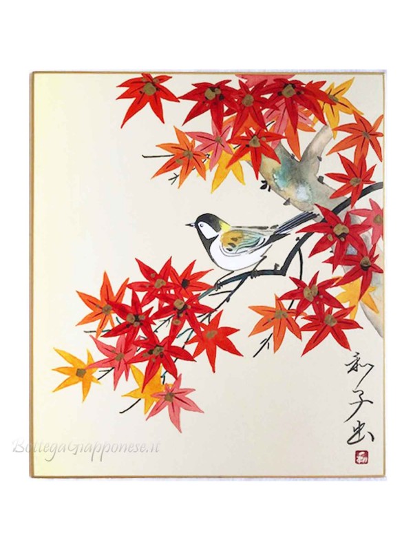 Shikishi with autumn leaves and hand painted bird