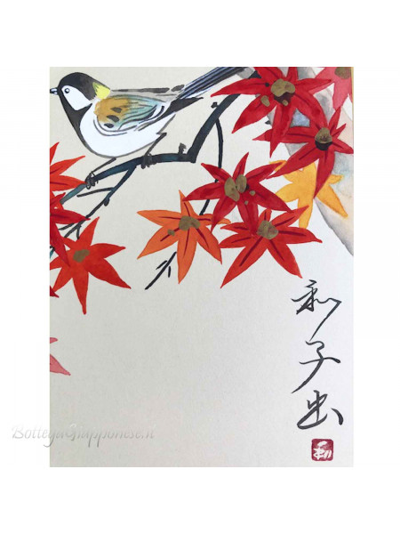 Shikishi con foglie autunnali e uccello dipinto a mano