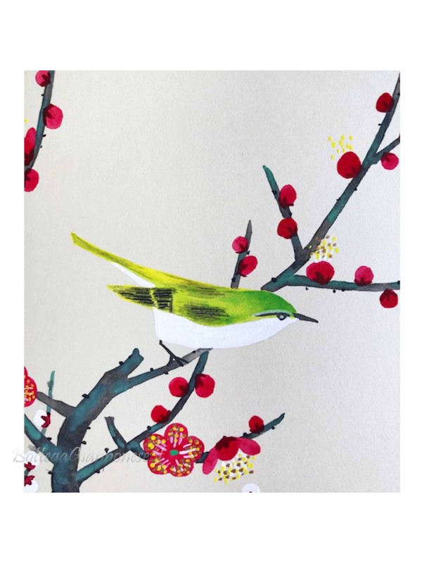 Shikishi con fiori di pruno uccello dipinto a mano