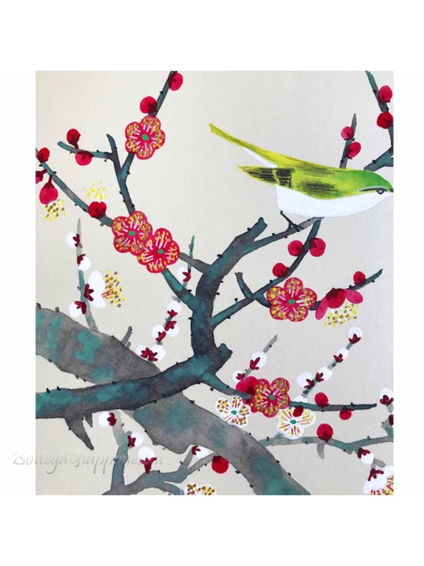 Shikishi con fiori di pruno uccello dipinto a mano
