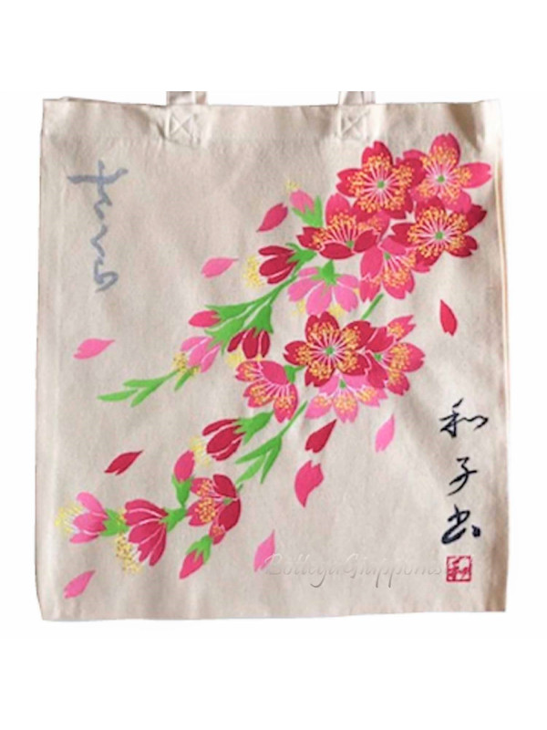Tote bag with handmade sakura design