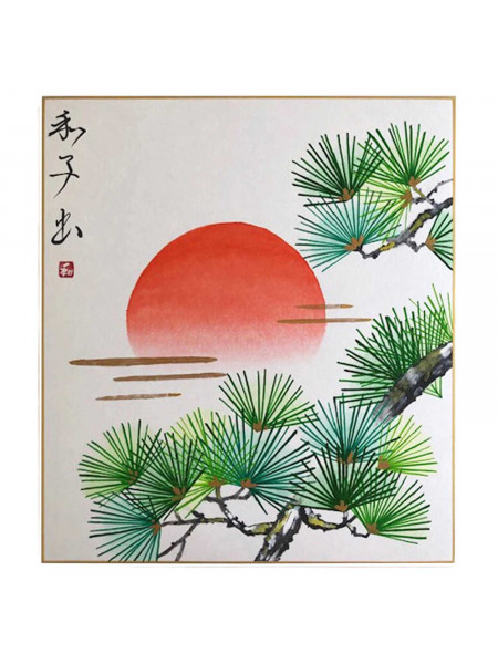 Shikishi con sole e pino dipinto a mano