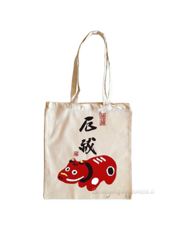 Tote bag con disegno Akabeko fatto a mano
